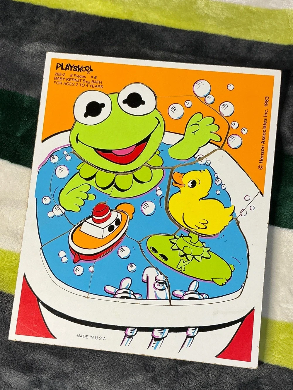 Vintage 1993 Playskool Wooden Puzzle Baby Kermit Bath Time 8 Piece Toy 265-2